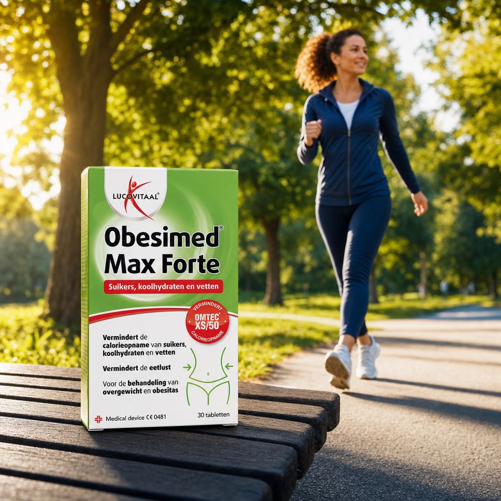 Packung Obesimed Max Forte mit 30 Tabletten, isoliert.