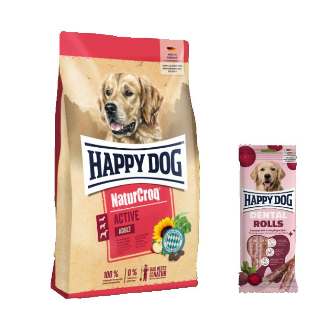 Happy Dog Premium NaturCroq Active + Dental Rolls für Hunde 15,1 kg