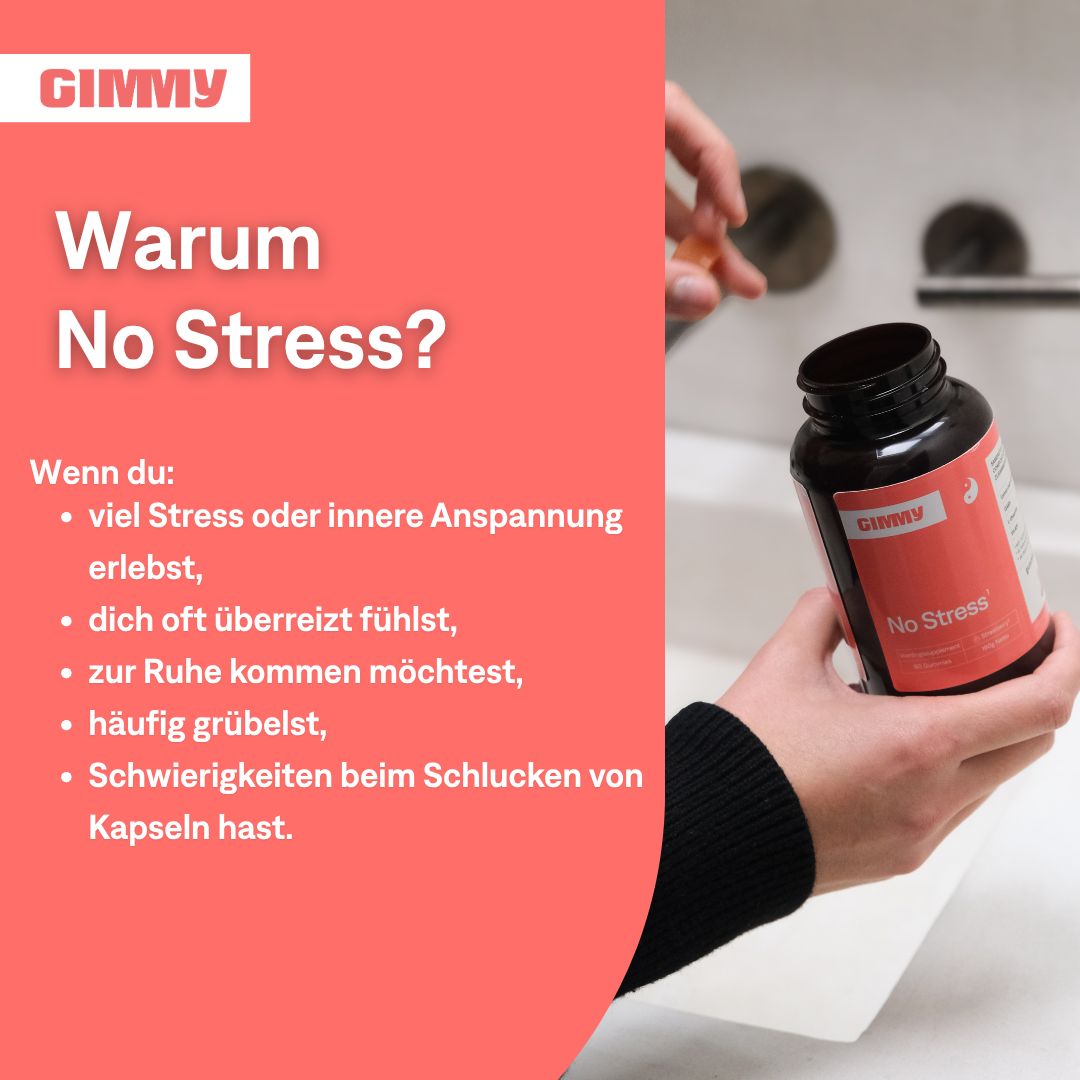 Person hält eine Flasche GIMMY No Stress Gummies. Roter Hintergrund mit Text: Warum No Stress? Text über Stress und Schluckbeschwerden.