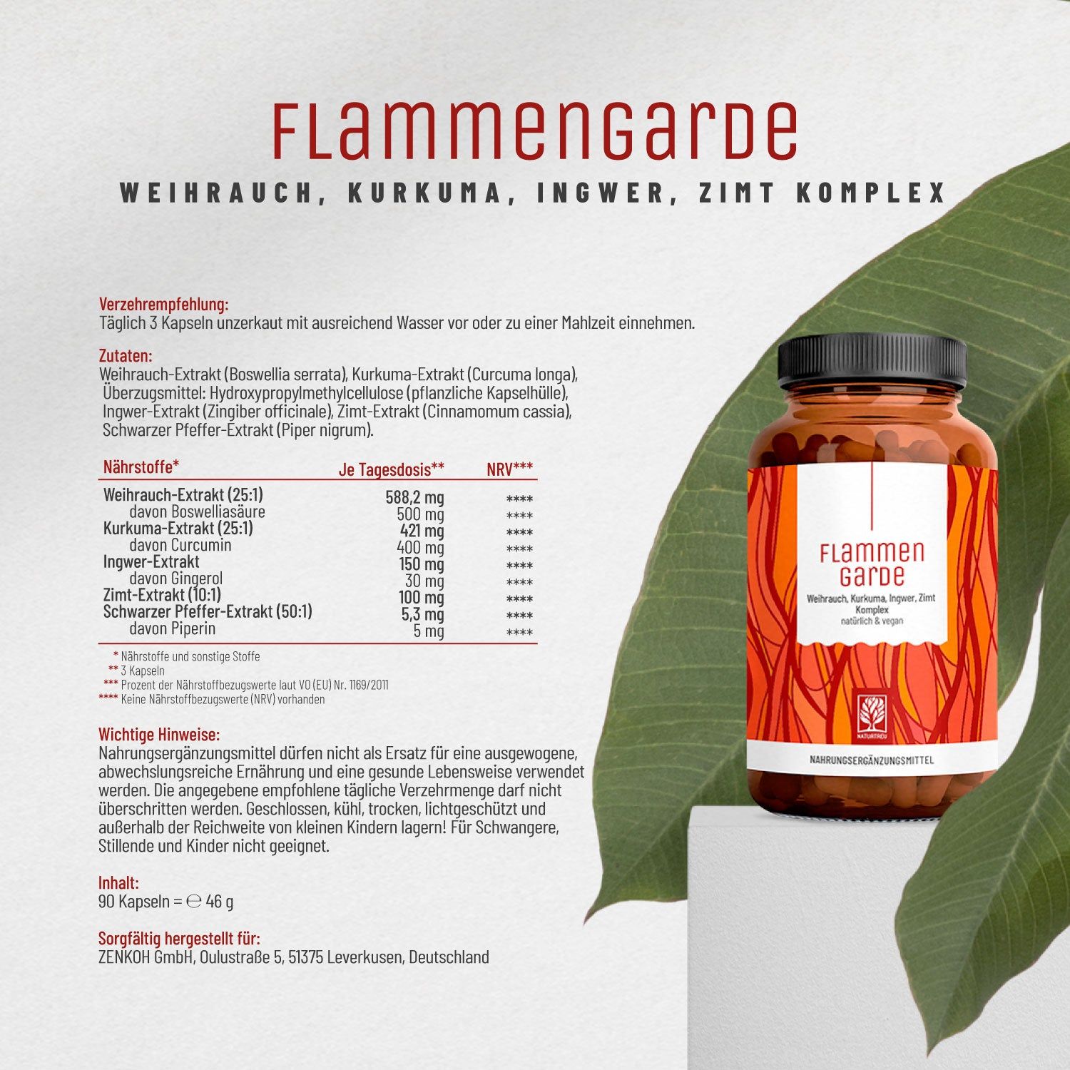 Produktflasche mit Text: Flammengarde, Weihrauch, Kurkuma, Ingwer, Zimt Komplex. Inhaltsangaben und Hinweise.