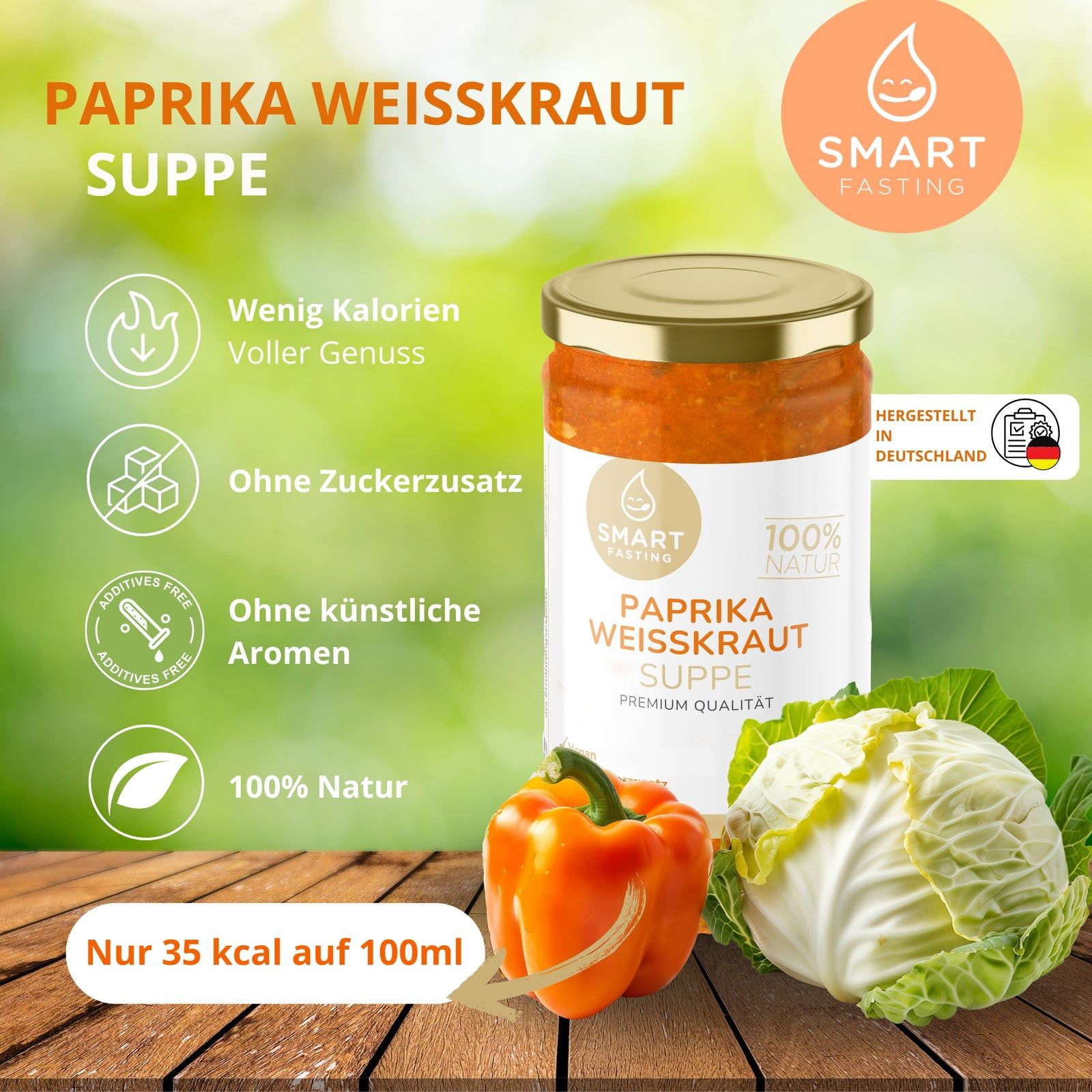 Glas mit Paprika Weißkraut Suppe, Paprika, Weißkohl. Text: Smart Fasting, 100% Natur, ohne Zuckerzusatz, ohne künstliche Aromen.