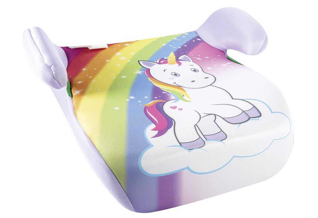 Kindersitzerhöhung mit Einhorn-Motiv. Weiß, mit Regenbogen und Einhorn-Illustration. Lila Kopfstütze.