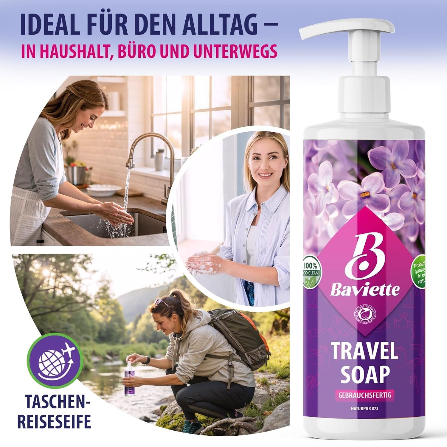 Baviette All-in-One Eco Travel Soap – Biologische Mikroorganismen-Seife für Camping & Reisen