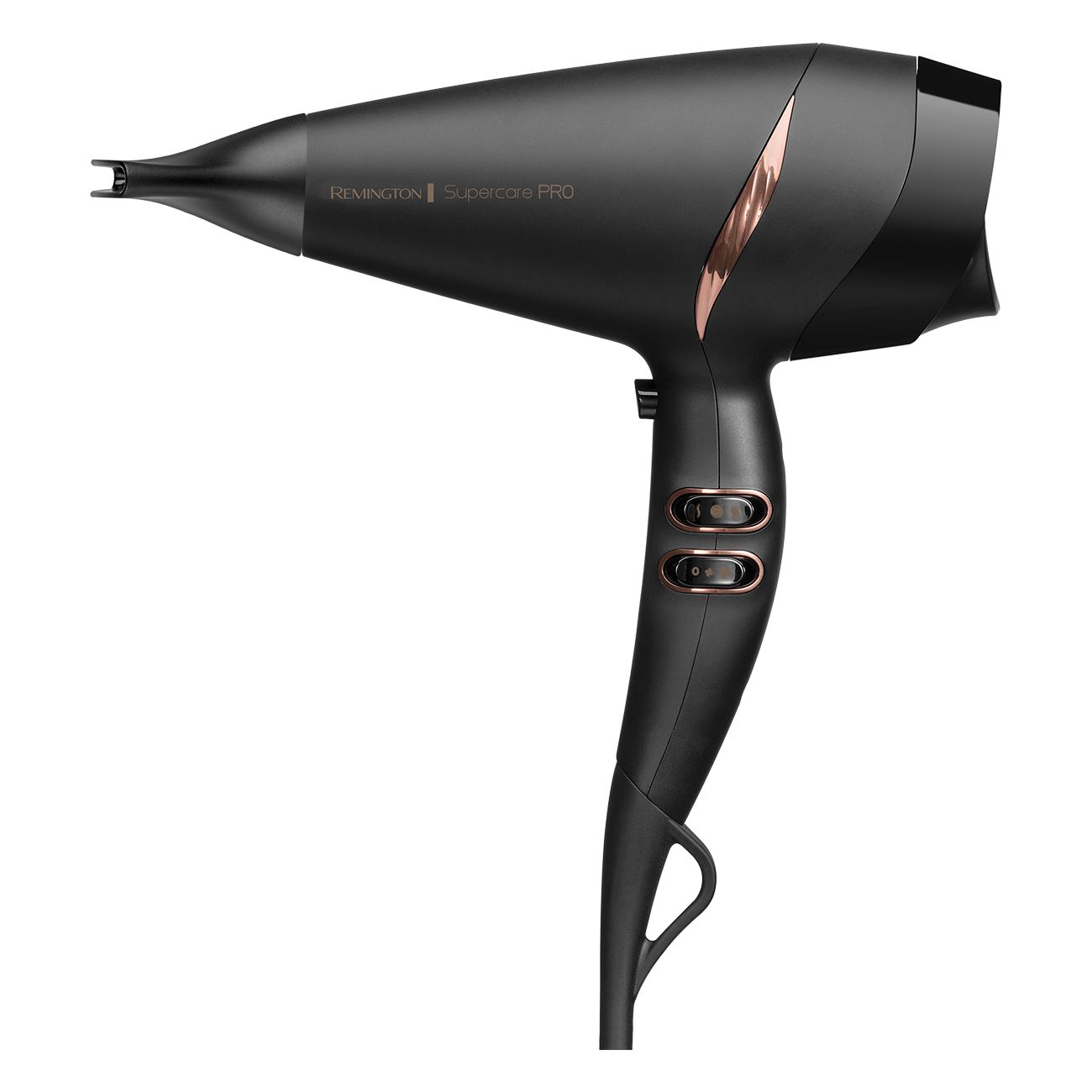 Schwarzer Haartrockner mit kupferfarbenen Akzenten. Auf dem Griff befinden sich zwei Knöpfe. Der Trockner hat eine Aufhängeöse.