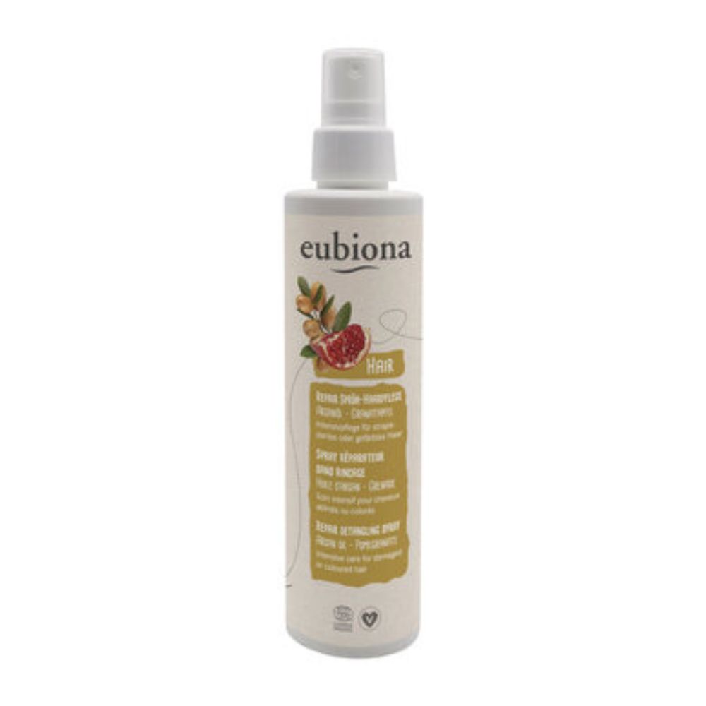 Haarspray-Flasche mit weißem Sprühkopf. Aufschrift: eubiona. Abbildung von Arganöl und Granatapfel. Text in mehreren Sprachen.