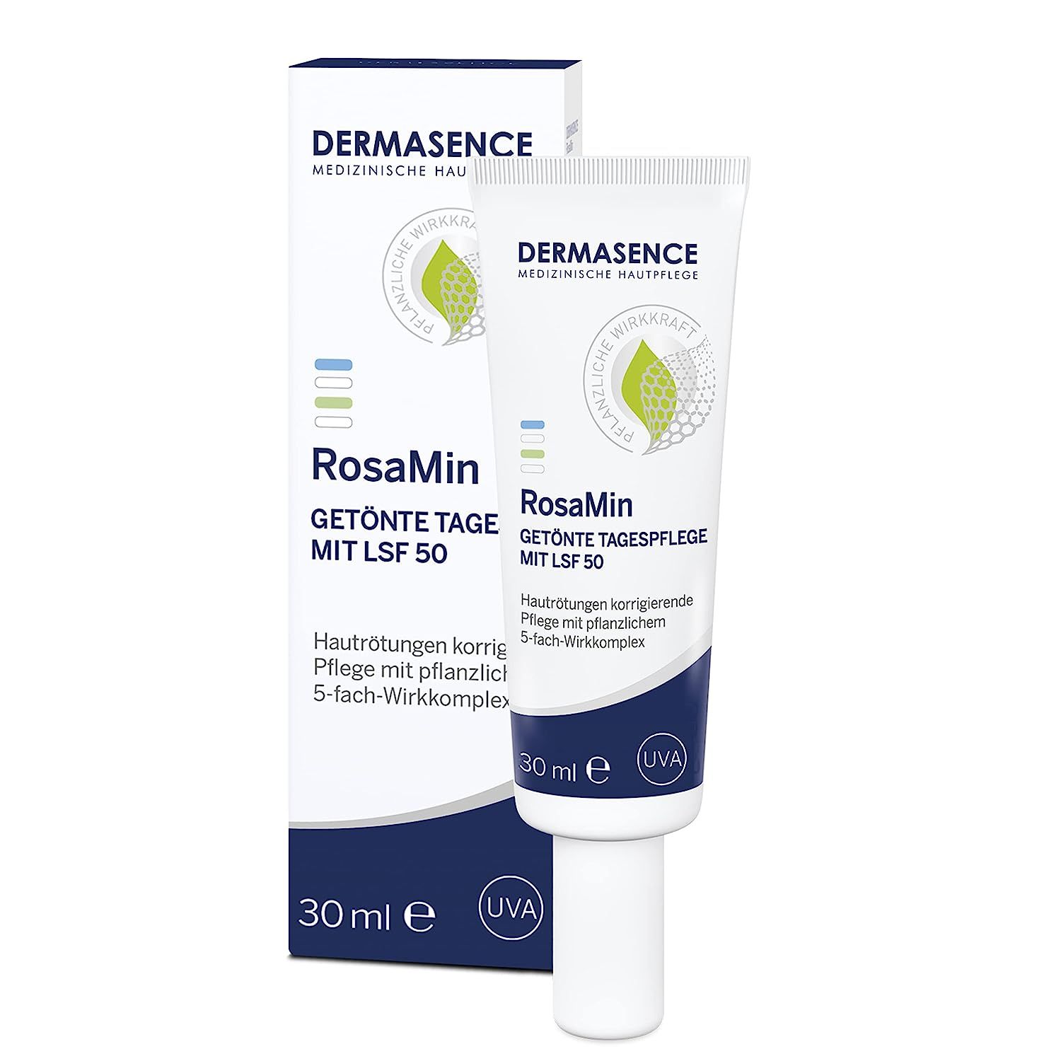 Tubo di crema e confezione. Testo: RosaMin Trattamento giorno colorato con SPF 50. 30 ml. Corregge arrossamenti.