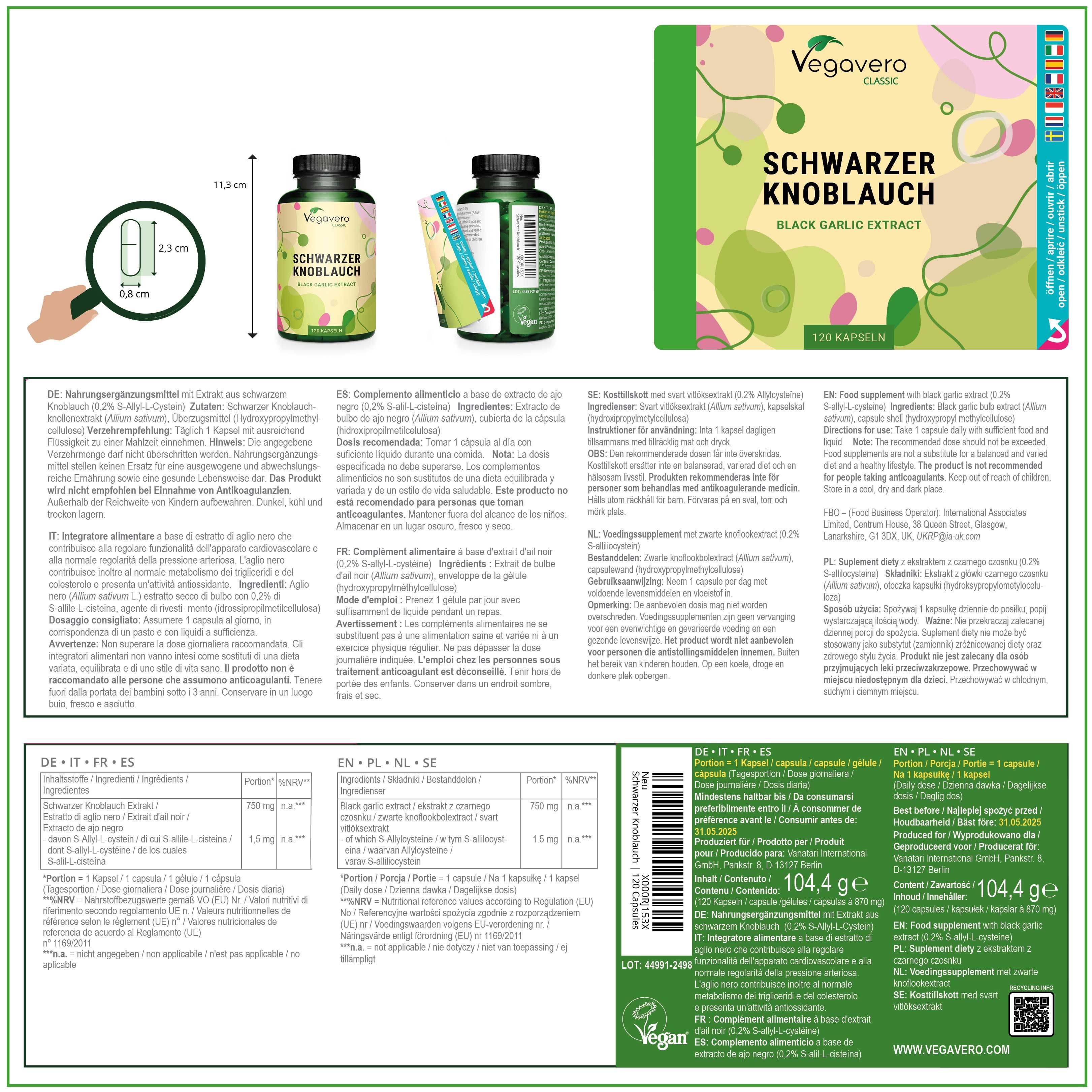 Verpackung mit Informationen zu Schwarzem Knoblauch. Enthält eine Flasche und eine kleine Packung Kapseln. Mit Messungen.