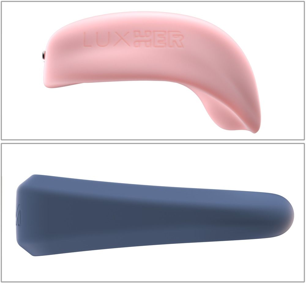 Zwei Produkte: ein rosa Stimulator und ein blauer Ring. Der Stimulator hat eine geschwungene Form.