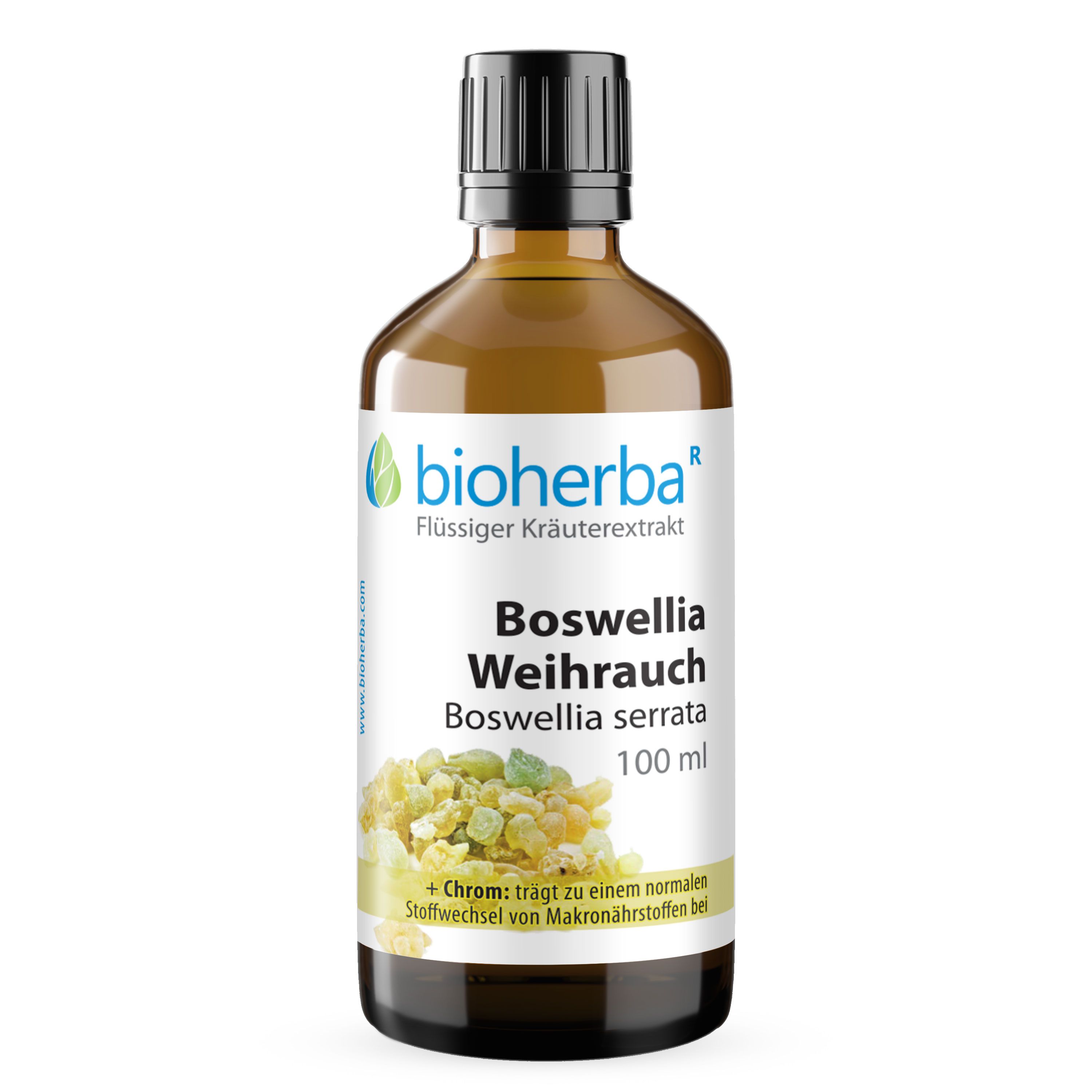 Braune Glasflasche mit Etikett. Bioherba Boswellia Weihrauch Tropfen. 100 ml. Produktansicht.