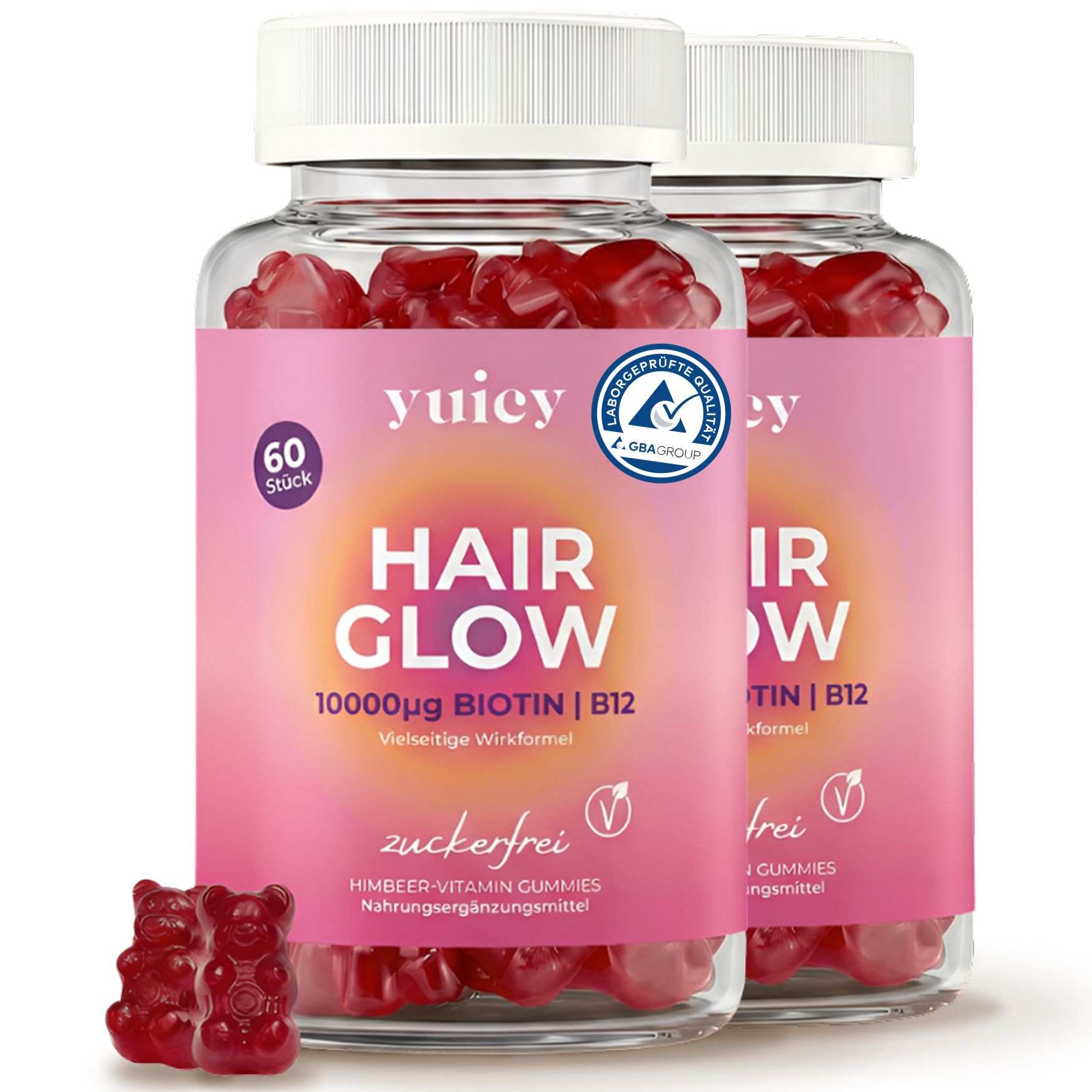 Zwei Flaschen yuicy Hair Glow Biotin. Rosa Etikett, 60 Stück. Gummibärchen in Form von Bären.