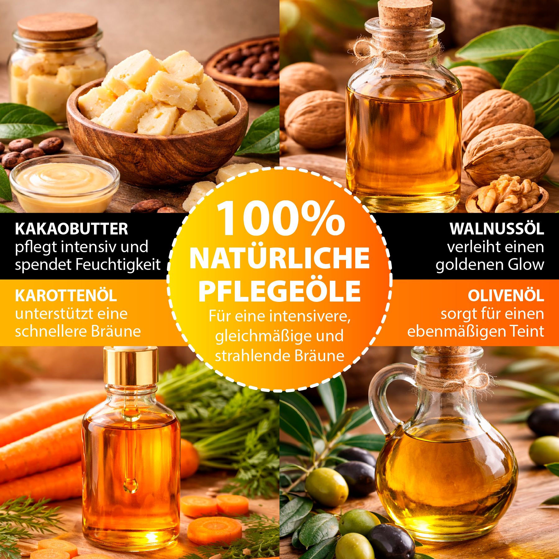 Verschiedene Öle in Gläsern und Schalen. Text: 100% natürliche Pflegeöle. Zutaten: Kakaobutter, Karottenöl, Walnussöl, Olivenöl.