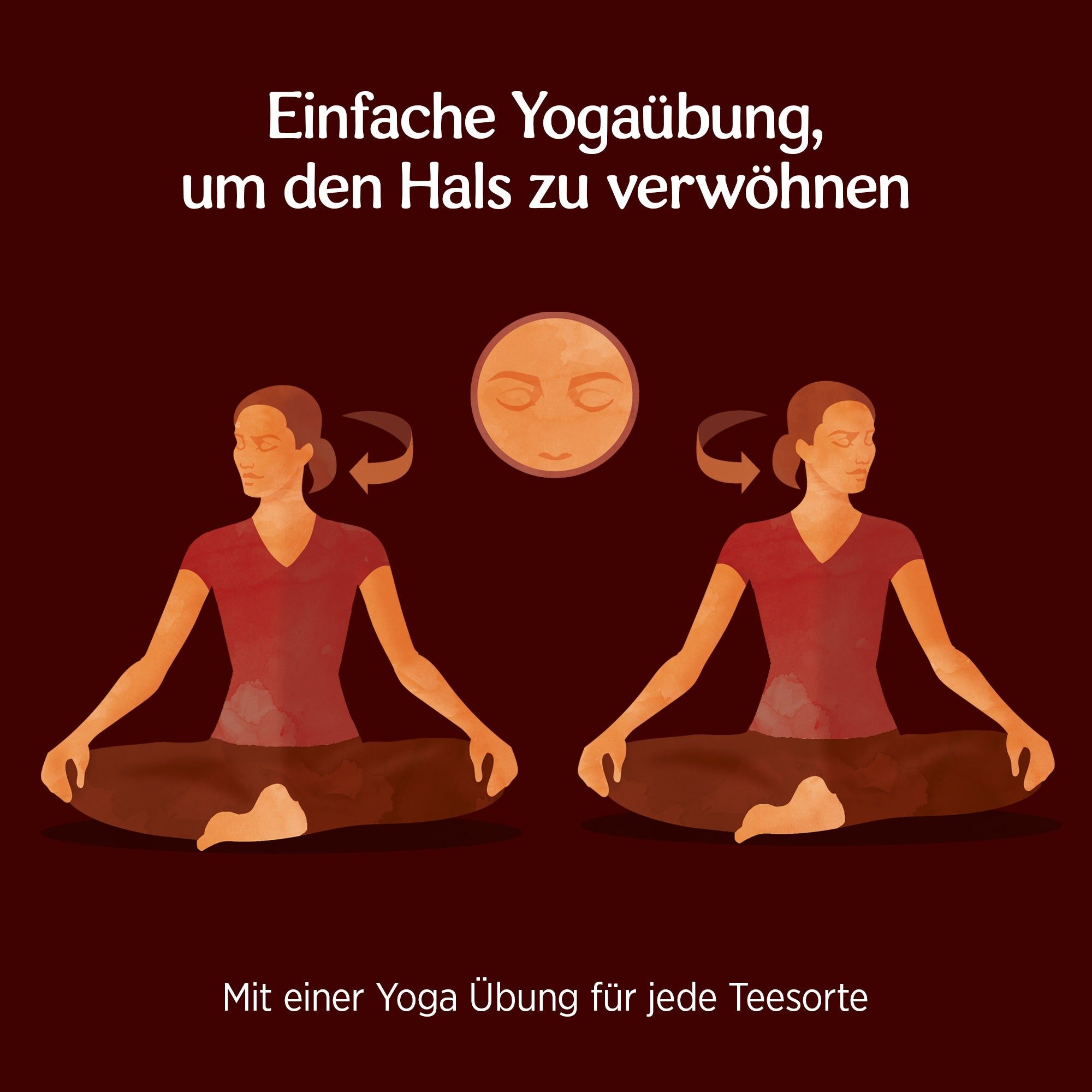 Illustration einer Yoga-Übung. Zwei Frauen sitzen in der Lotushaltung. Text: Yoga-Übung für den Hals.
