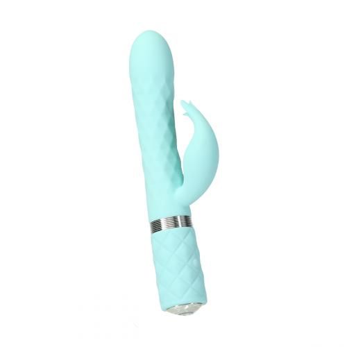 Blaugrüner Vibrator mit geriffelter Oberfläche und Hasenohren-Design. Silberfarbener Ring am unteren Ende. Diamantmuster am Griff.