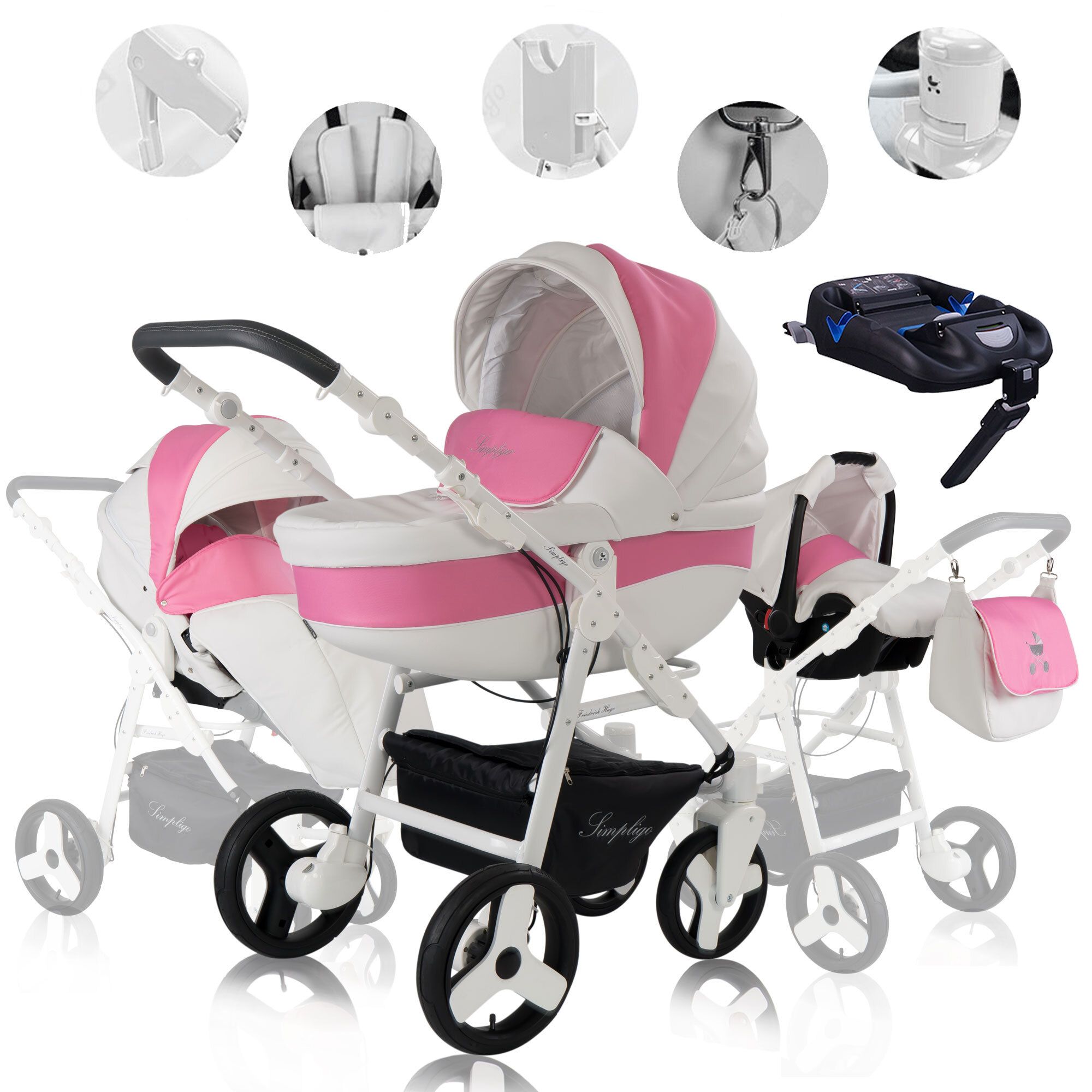 Friedrich Hugo Simpligo 4 in 1 Kinderwagen Komplettset ISOFIX Basis Luftreifen, Pink (Kunstleder)