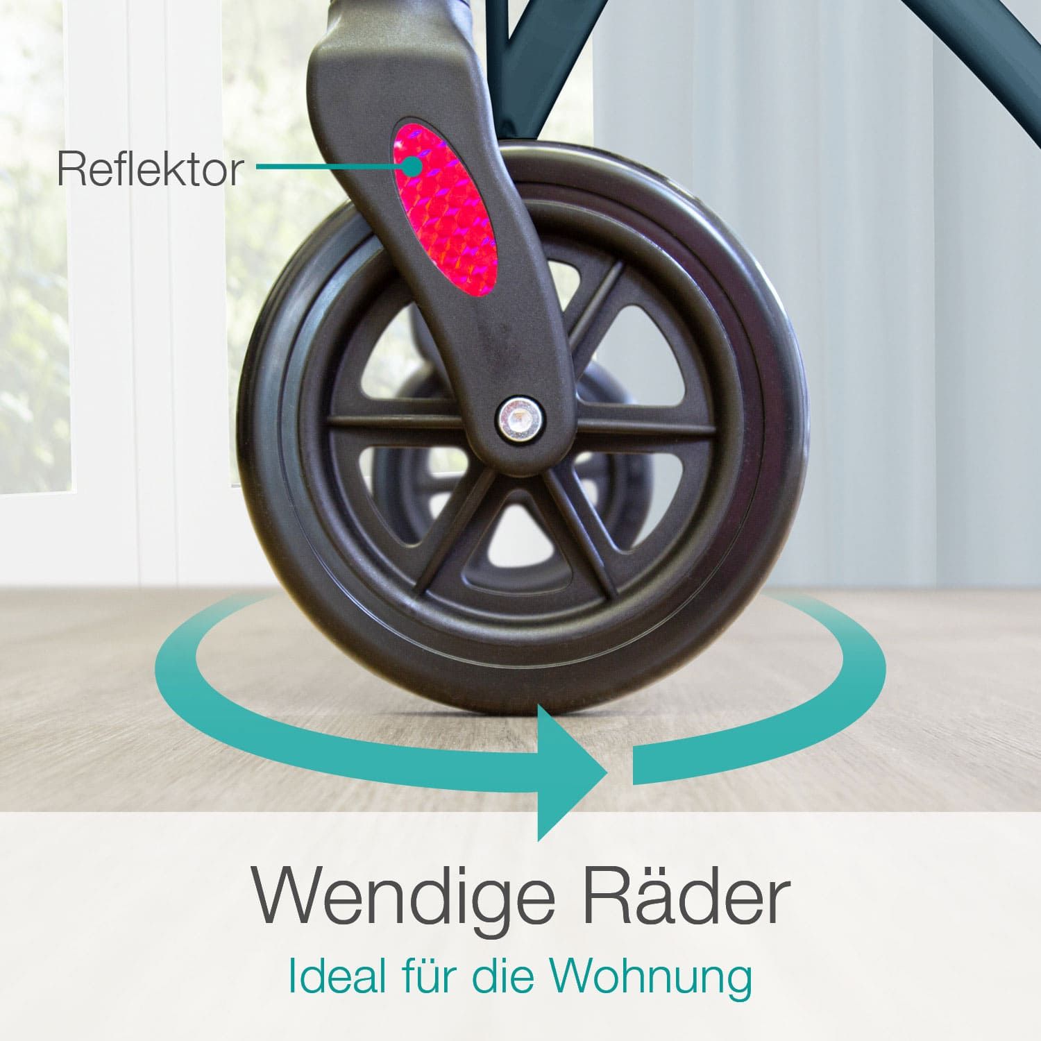 Nahaufnahme eines Rades mit Reflektor. Text: Wendige Räder. Ideal für die Wohnung.
