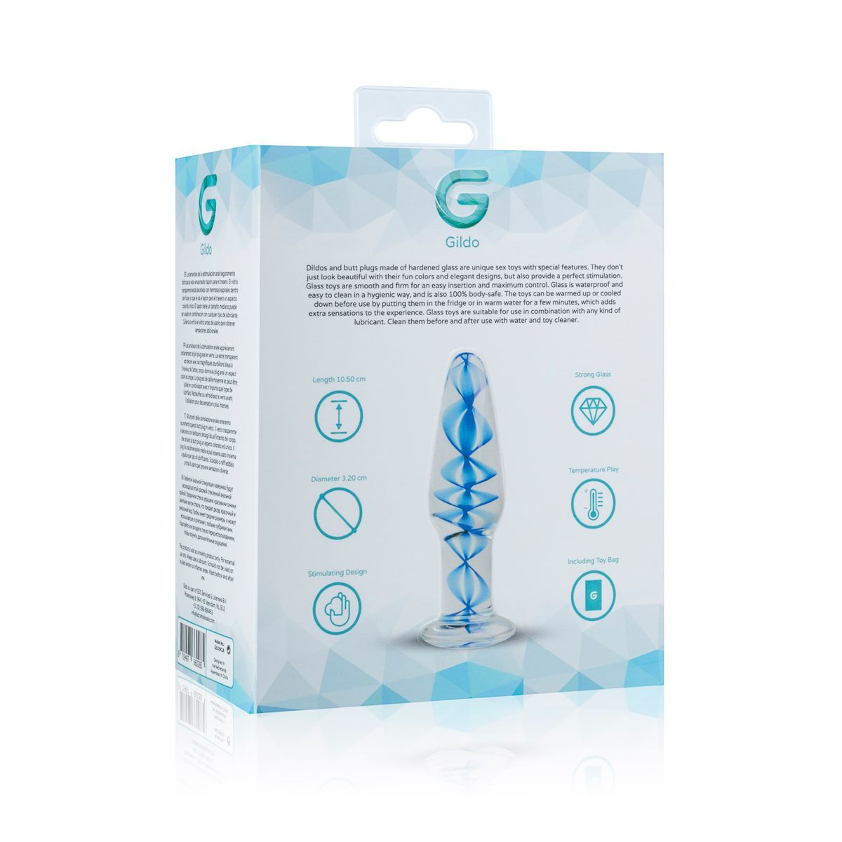 Verpackung: Glas Analplug No. 23. Rückseite mit Produktinformationen und Icons.