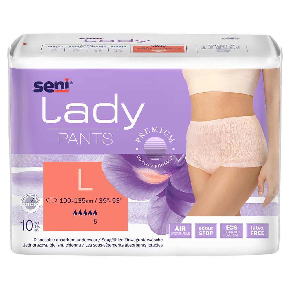 Verpackung Seni Lady Pants L. Größe L, 100-135cm. 10 Stück. Mit Qualitätszeichen. Produktabbildung.