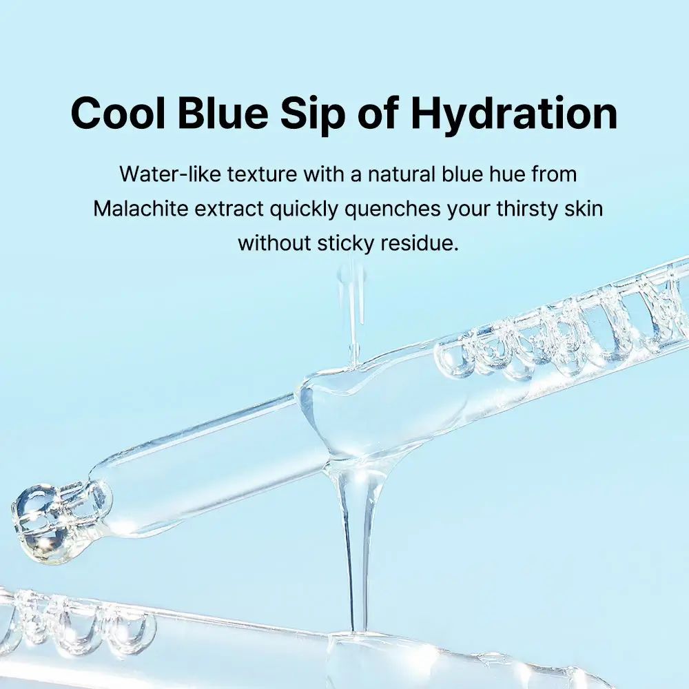 Pipette mit Serumtropfen. Text: Cool Blue Sip of Hydration.