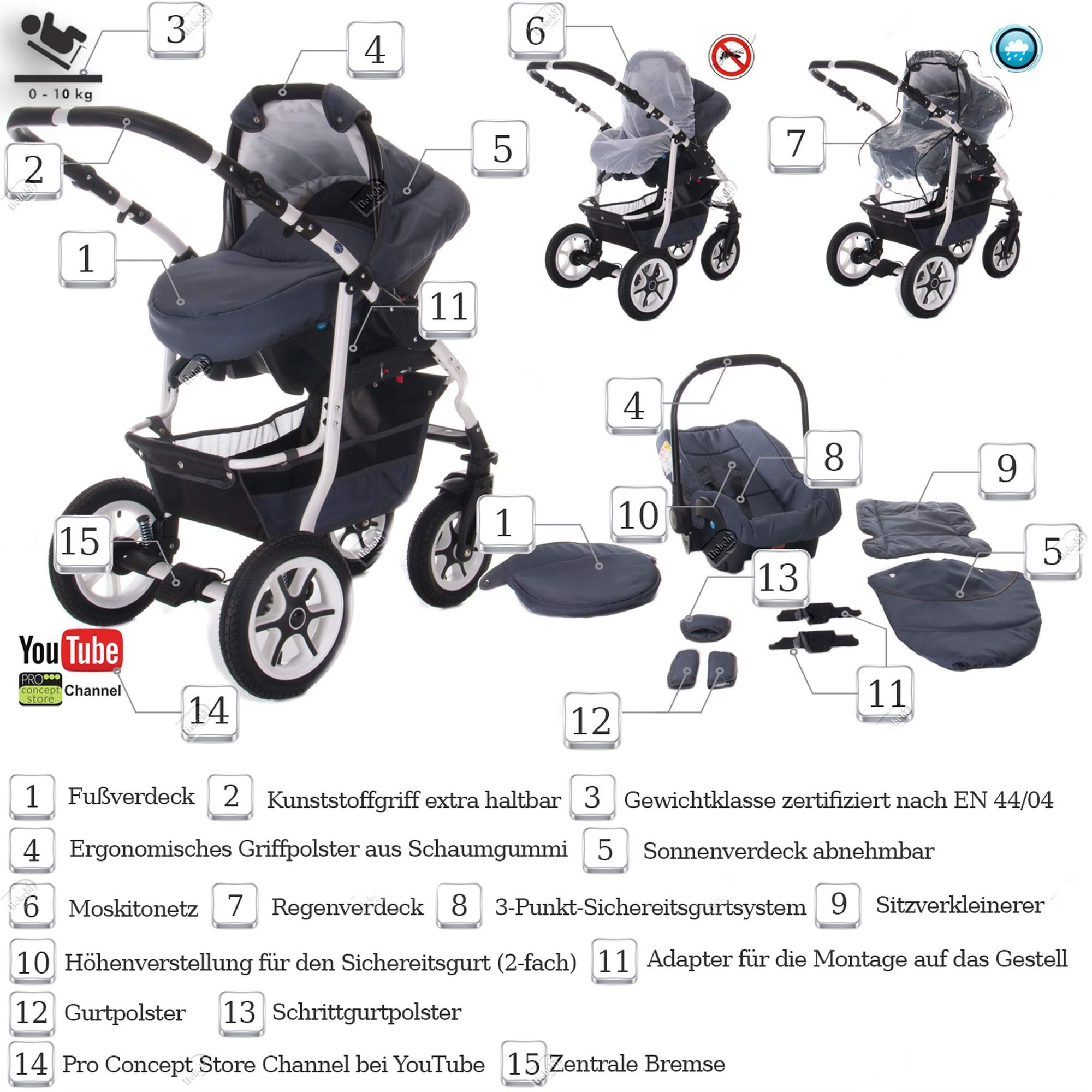Bebebi Bellami 3 in 1 Kinderwagen Set Luftreifen, Bellagrey