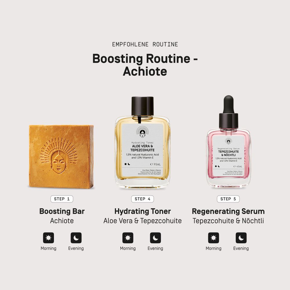 Viva Maia Boosting Bar: Teil einer Pflegeroutine mit Toner und Serum, Schritt 1: Boosting Bar Achiote.