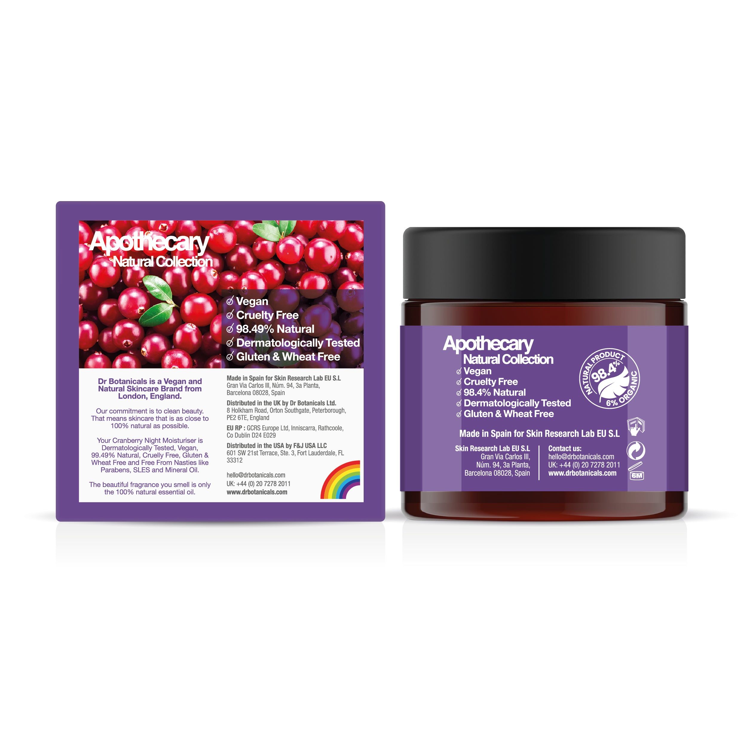 Produktverpackung und Tiegel. Aufschrift: Apothecary Natural Collection. Marke: Dr Botanicals. Rückseite mit Inhaltsangaben.