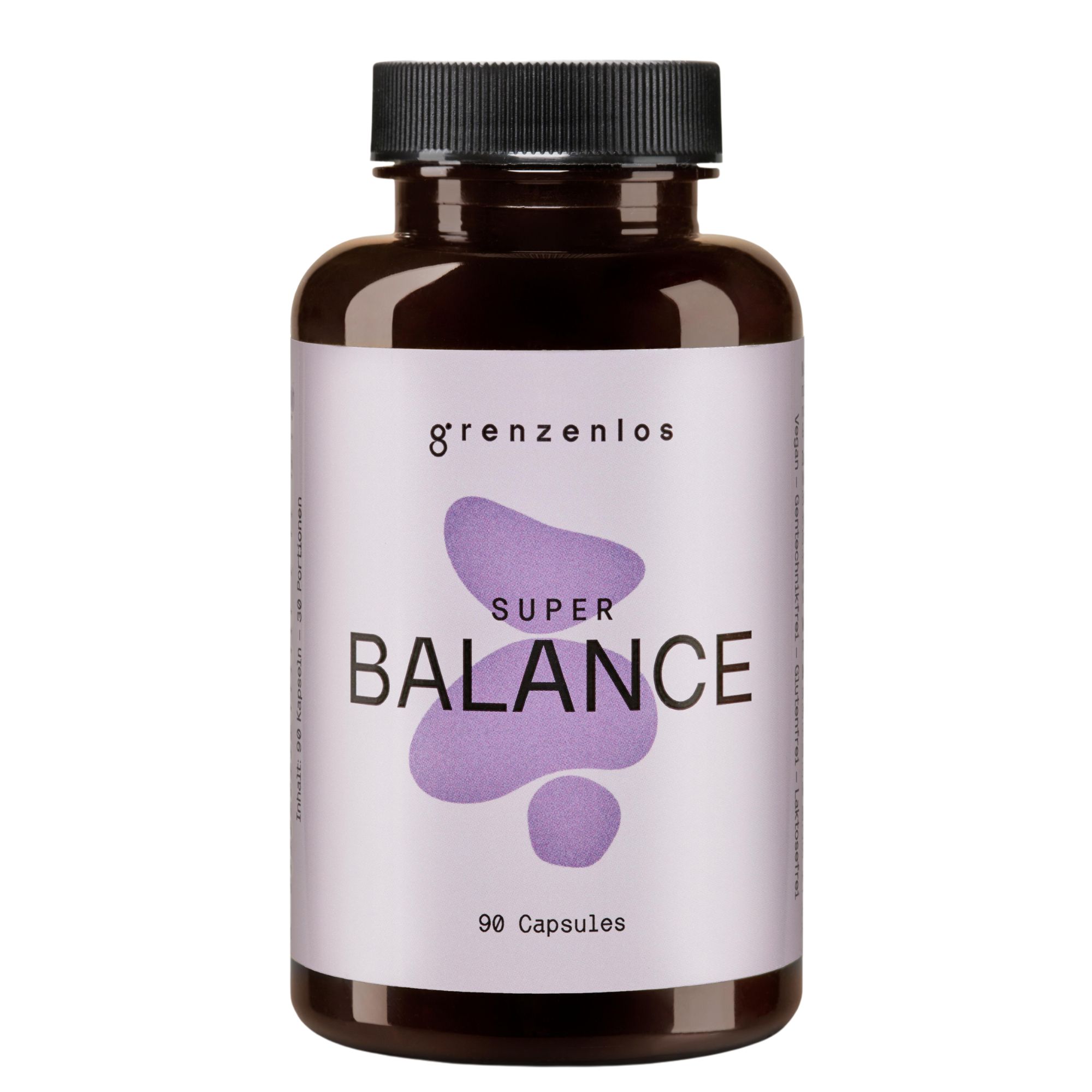 Braune Flasche mit Super Balance Kapseln. Auf der Flasche ist der Markenname grenzenlos und der Produktname Super Balance zu sehen.