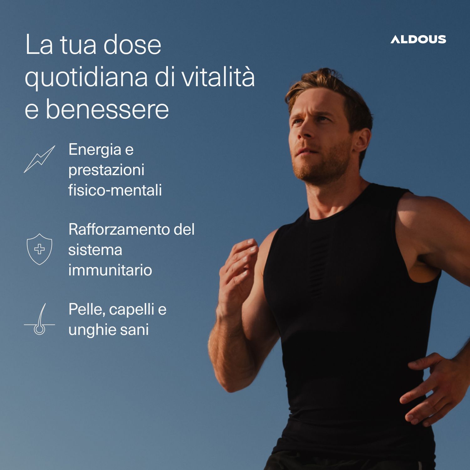 Mann beim Joggen, Aldous B Komplex Dose daneben, mit Text über Energie und Vitalität.