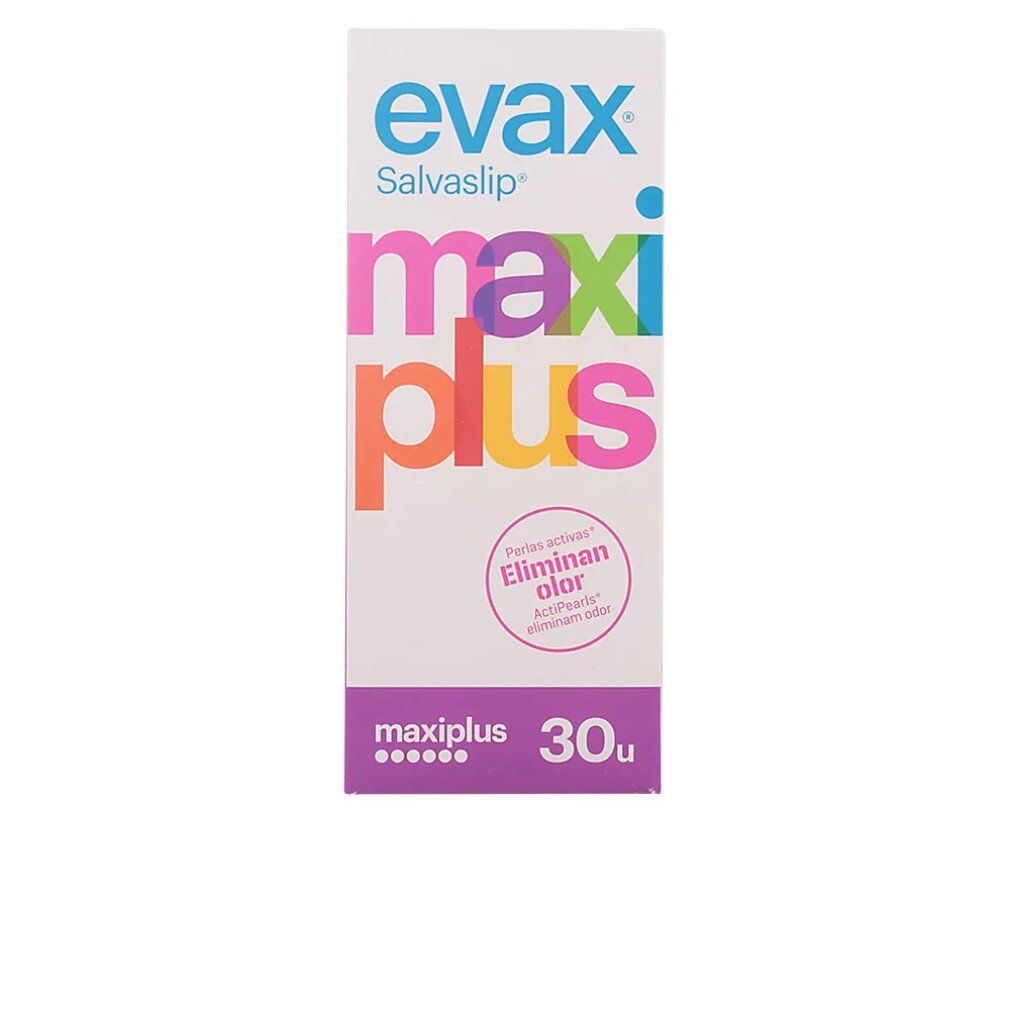 Verpackung von Evax Maxiplus Slipeinlagen. Aufschrift: evax, maxi plus, 30u. Mit aktiven Partikeln, die Gerüche beseitigen.