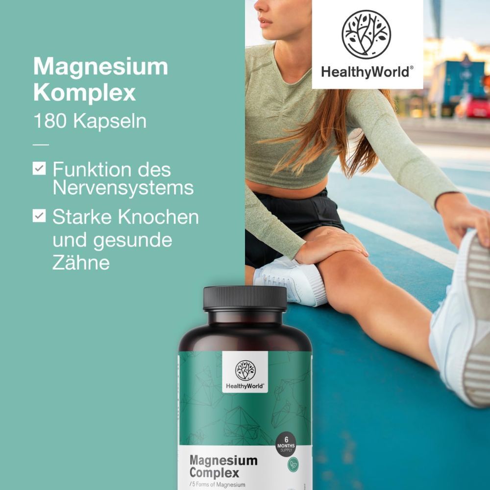 Frau dehnt sich. Flasche mit 180 Kapseln. Marke: HealthyWorld. Text: Funktion des Nervensystems.