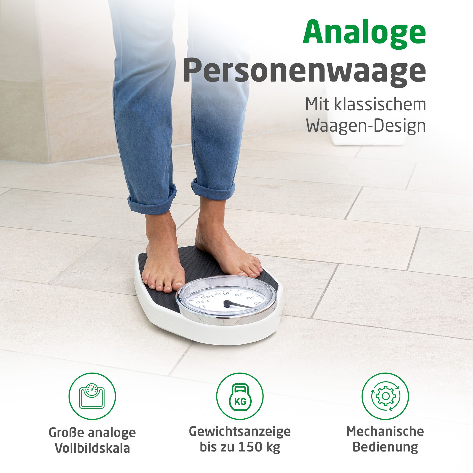 Analoge Personenwaage mit klassischem Design, zeigt Gewicht bis 150 kg an.