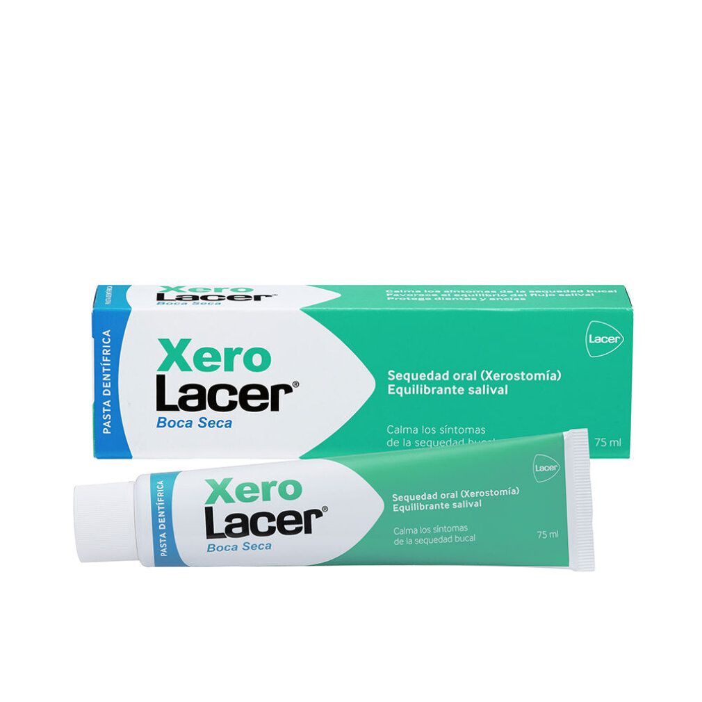 Zahncreme-Tube und Schachtel. Aufschrift: Xero Lacer, Boca Seca. Grün-weißes Design. 75 ml.