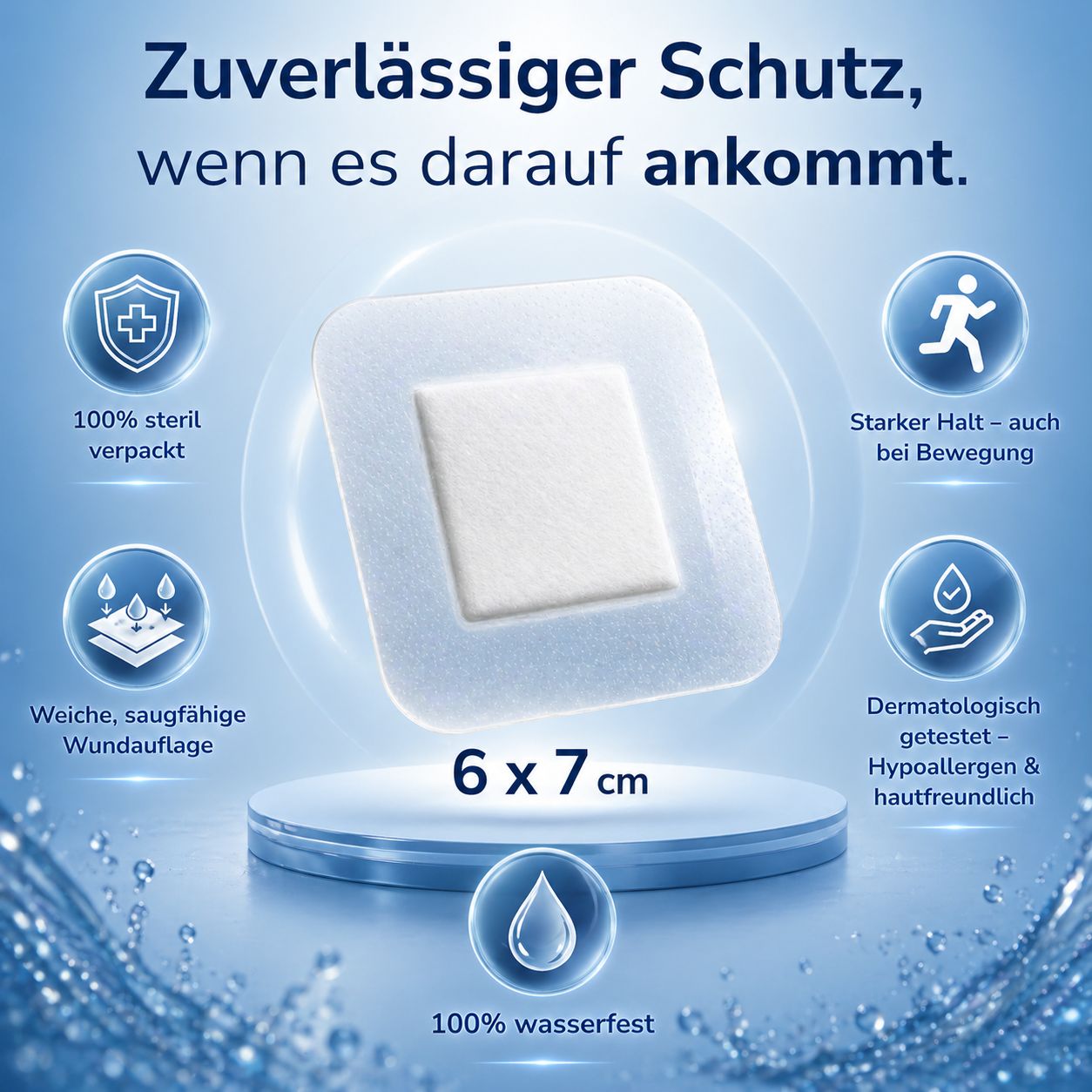 Gesundheitspflaster 6x7 cm: steril, wasserfest, starker Halt, hypoallergen.