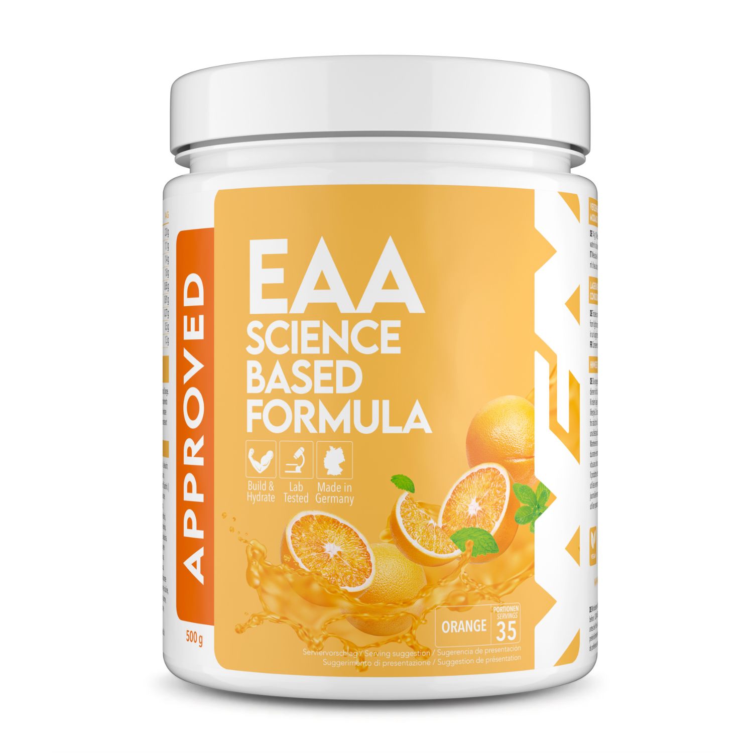 Weißes Produktglas mit gelbem Etikett. Aufschrift: EAA Science Based Formula. Abbildung von Orangen. Text: Orange 35, 500g, APPROVED.