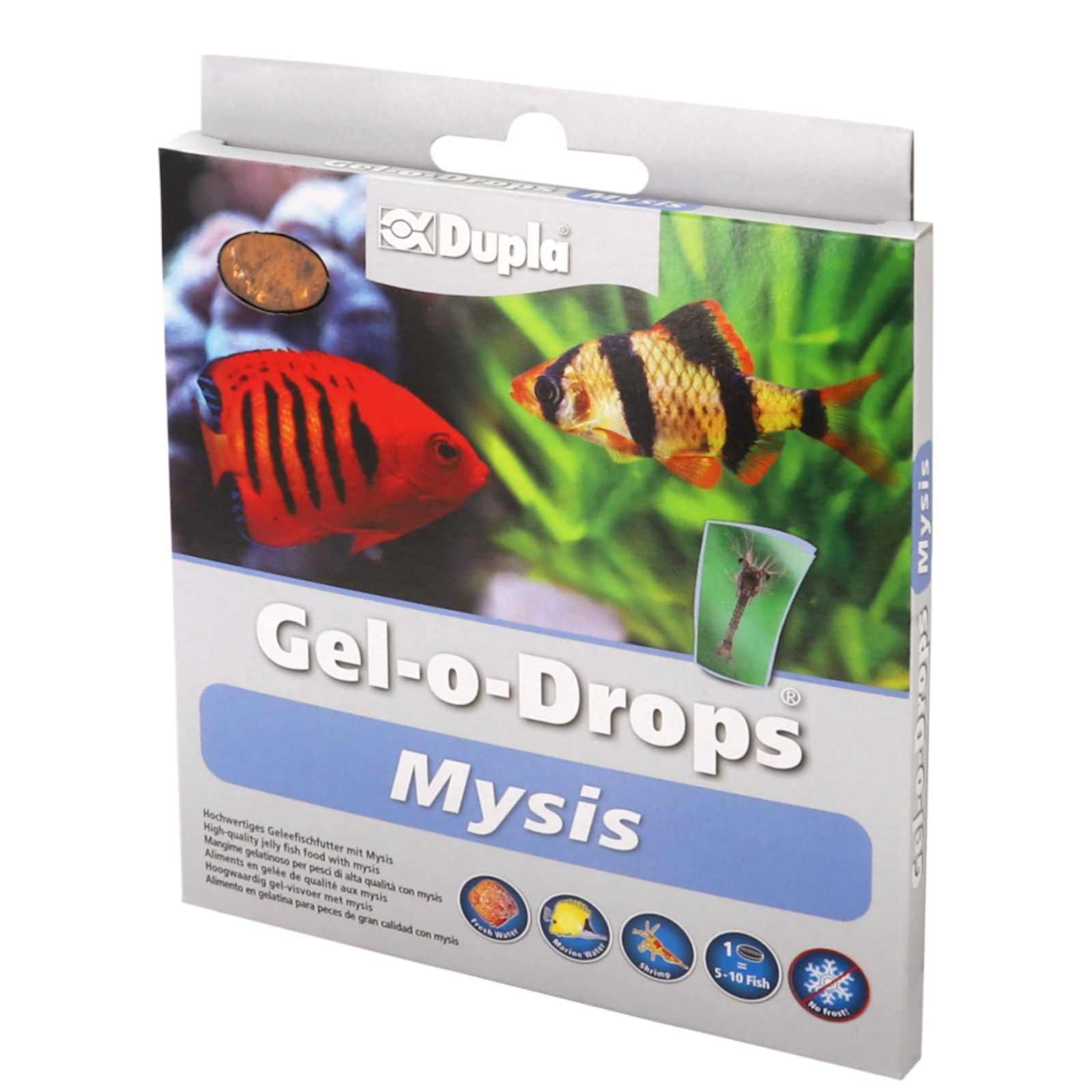 Dupla Gel-o-Drops Mysis-Verpackung. Zeigt einen Fisch und den Produktnamen. Blau-weiße Verpackung mit Fischmotiv.