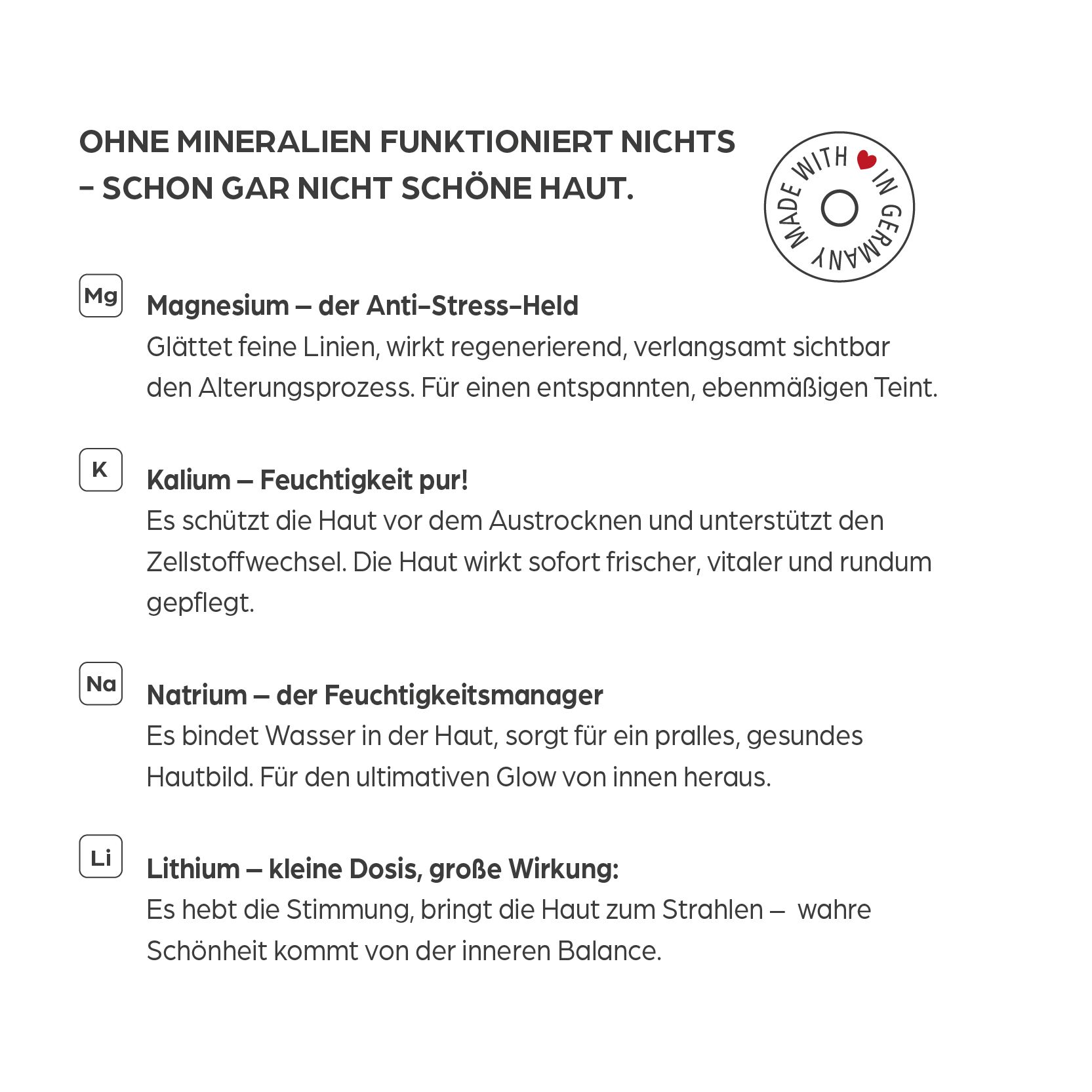 Text mit Mineralien-Informationen. Magnesium, Kalium, Natrium, Lithium. Made with in Germany. Blaues Design.