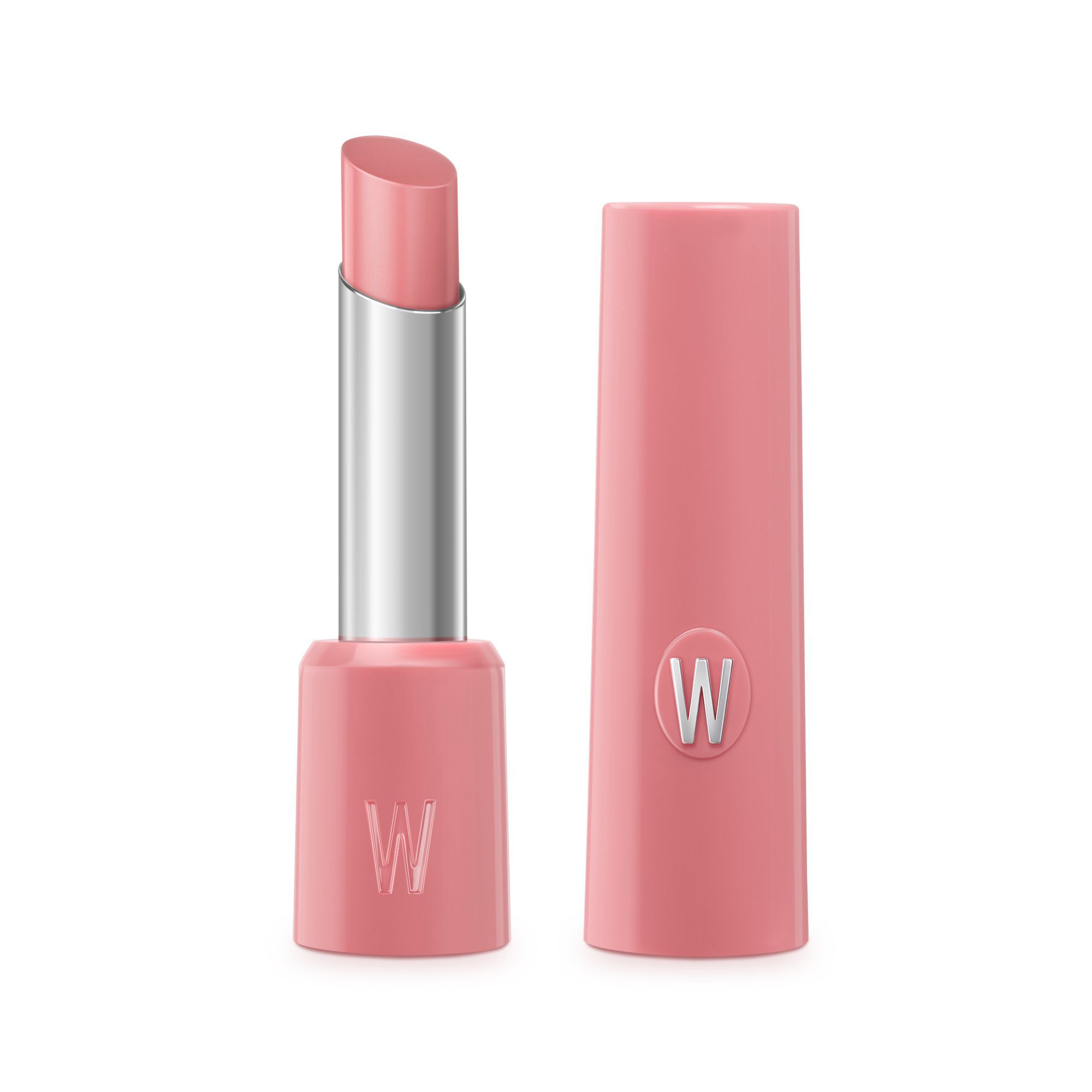 Ein rosa Lippenstift mit silbernem Applikator und rosa Kappe mit 'W'-Logo.