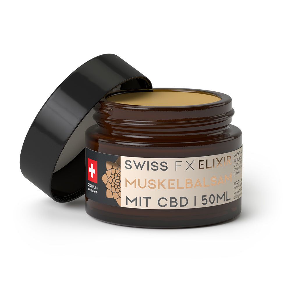 Offenes braunes Glas mit schwarzem Deckel. Aufschrift: SWISS FX ELIXIR Muskelbalsam mit CBD. Produkt sichtbar.