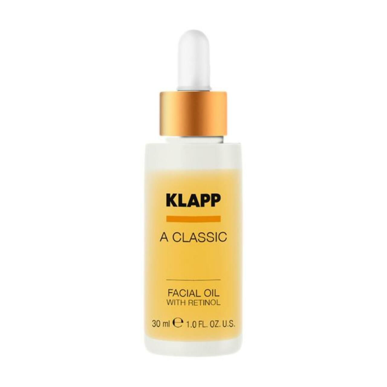 Klapp A Classic Gesichtsöl mit Retinol. Transparente Glasflasche mit goldener Pipette. Gelbe Flüssigkeit sichtbar. 30 ml.