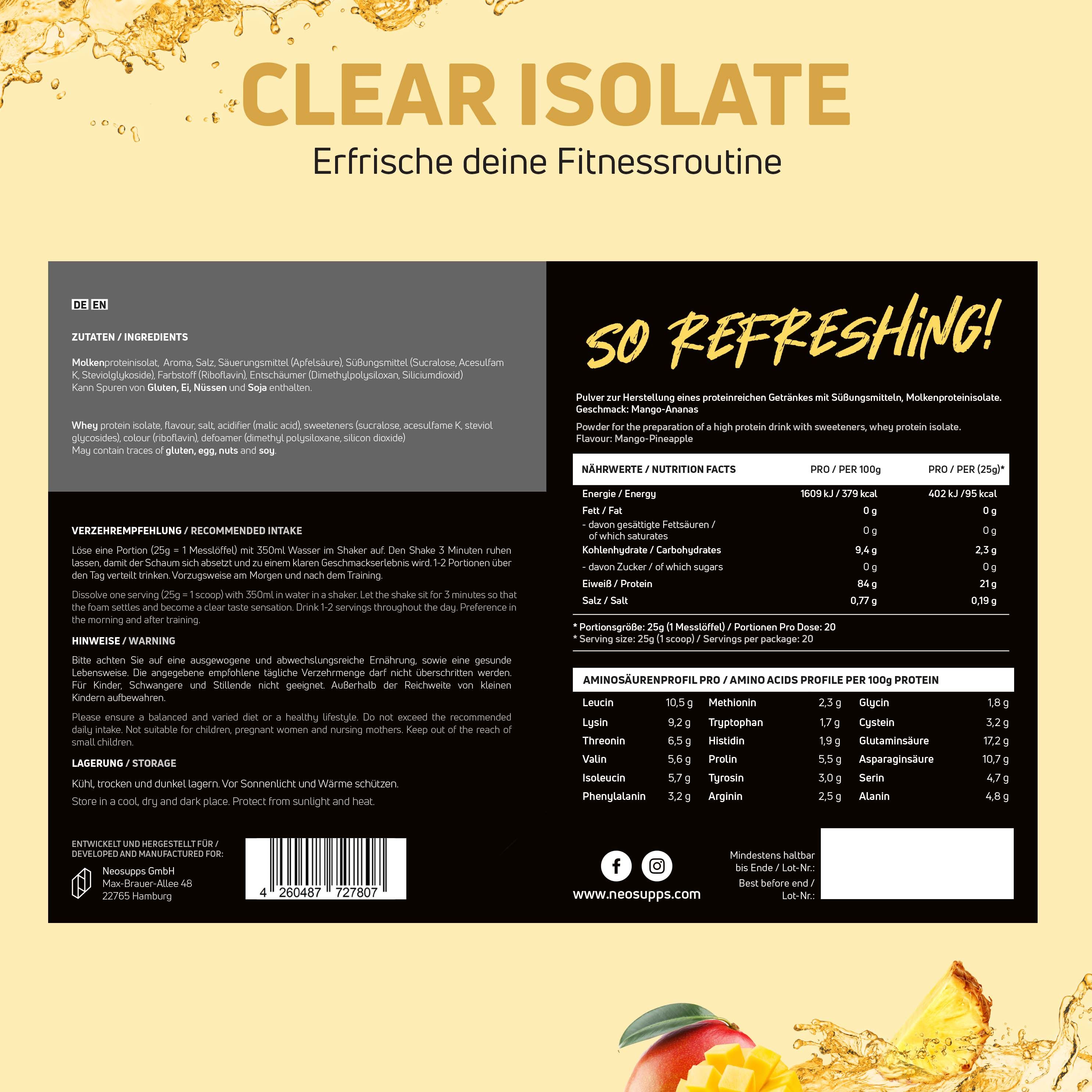 Produktverpackung "CLEAR ISOLATE" mit Zutatenliste und Nährwertangaben. Text: So erfrischend! Mango-Ananas-Geschmack.