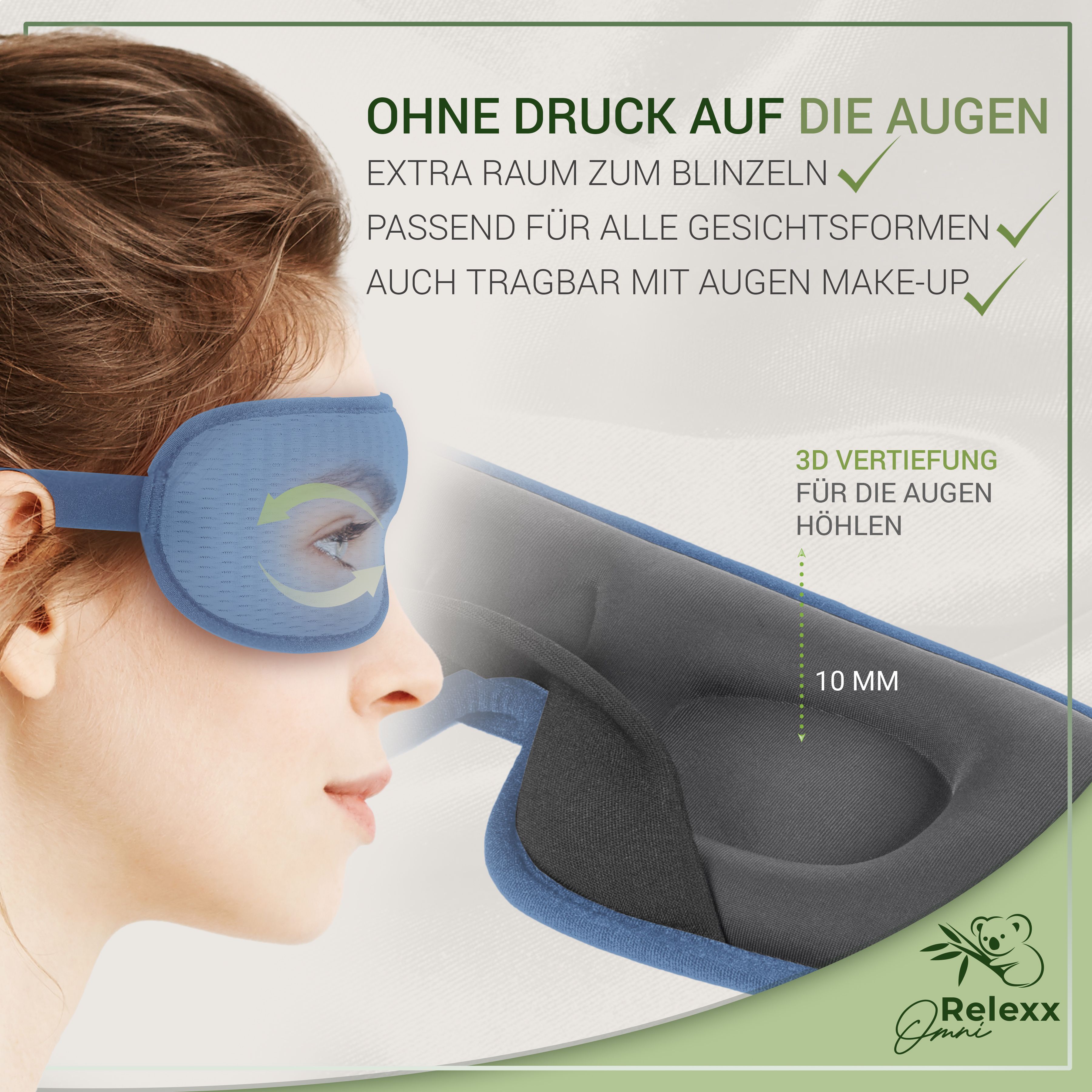 Blaue Schlafmaske. Text: Ohne Druck auf die Augen, 3D Vertiefung. Marke: Relexx Omni.