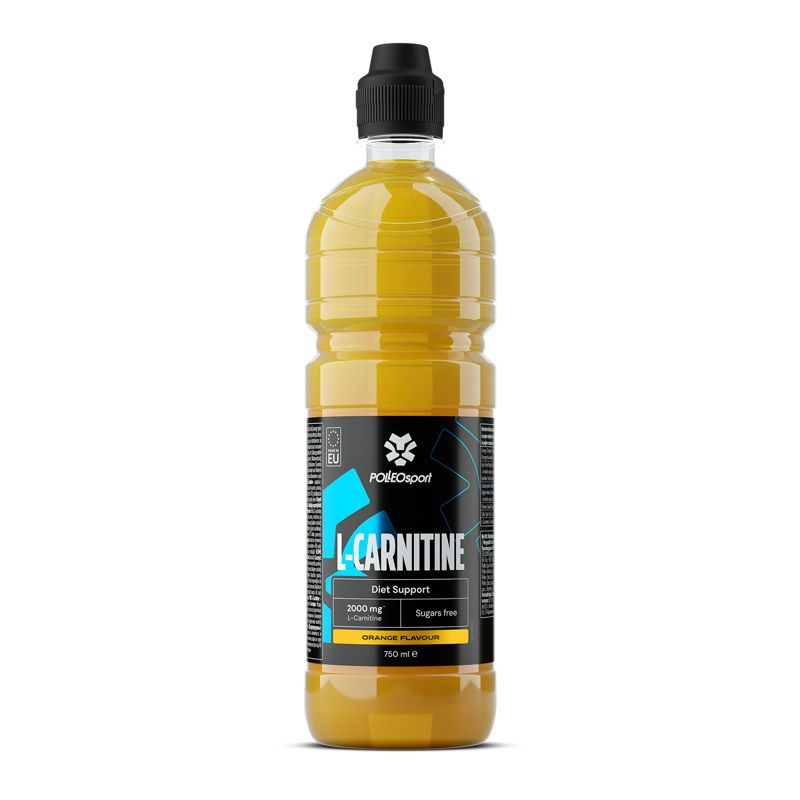 Gelbes Getränk in einer Flasche mit schwarzem Deckel. Etikett mit Text: L-Carnitine, 3000 mg + Carnitin, Orange Flavour.