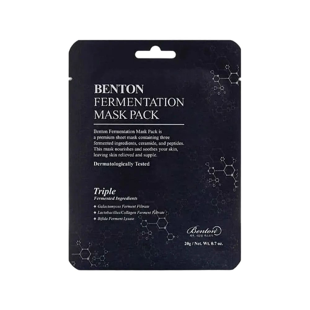 Benton Fermentation Mask Pack Einzelverpackung mit Produktinformationen und Molekülstruktur-Design.