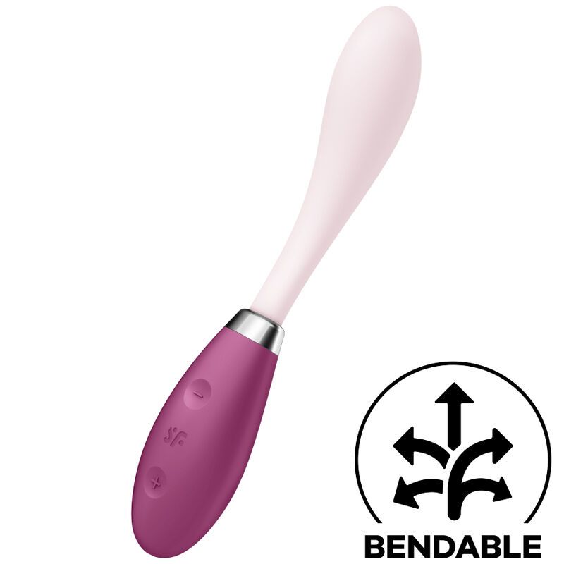 Lila Vibrator mit weißem Kopf. Bedienknöpfe und Logo auf dem Griff. „Bendable“-Symbol.