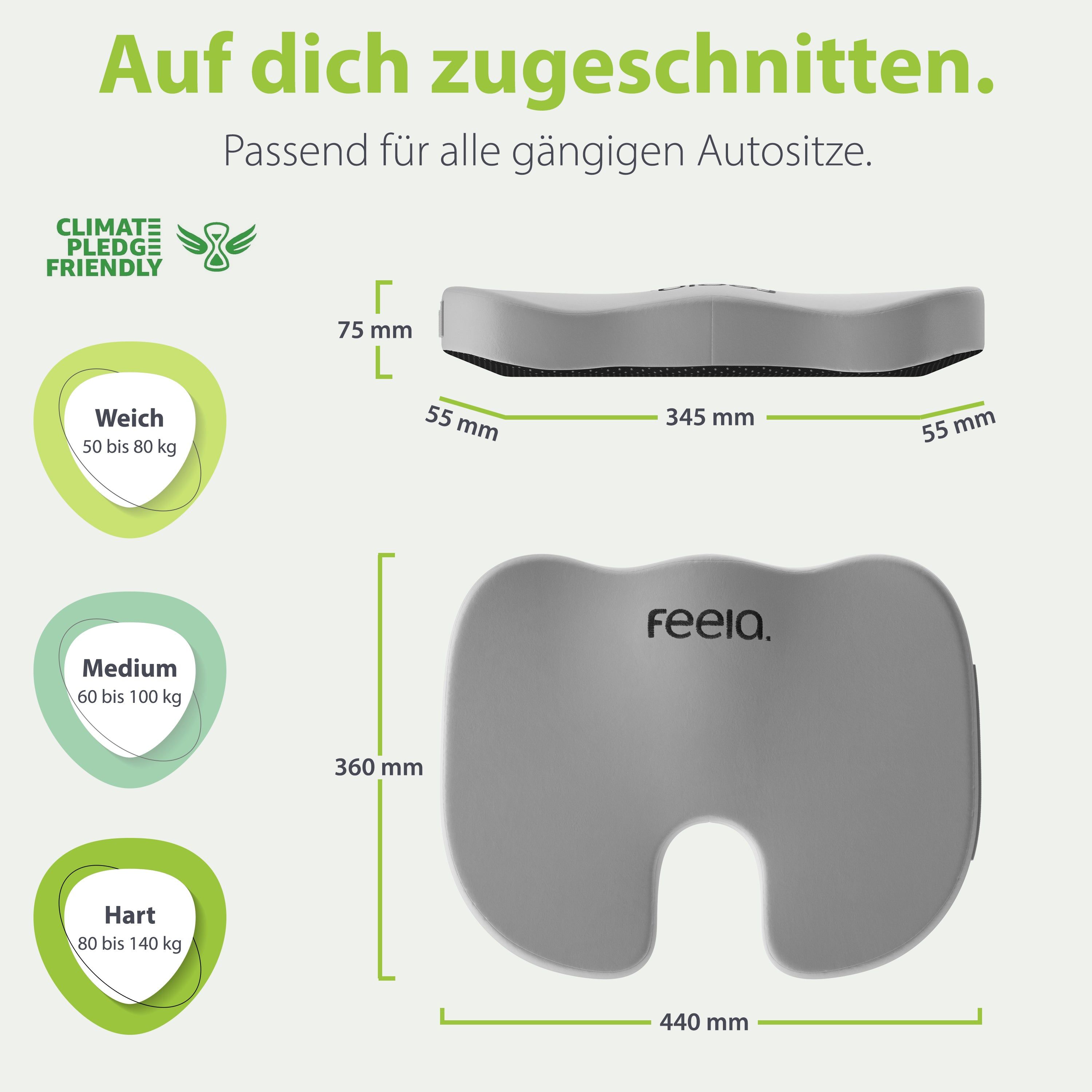 Graues Auto-Sitzkissen mit Maßen und Text: Auf dich zugeschnitten. Passend für alle gängigen Autositze. Weich, Medium, Hart.