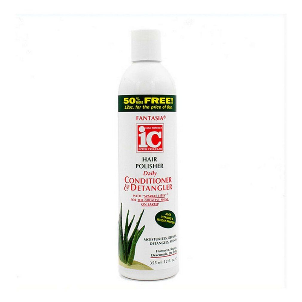 Weiße Flasche mit Produktetikett. Aufschrift: Fantasia IC Hair Polisher Conditioner & Detangler. Enthält Aloe Vera und Weizenprotein.