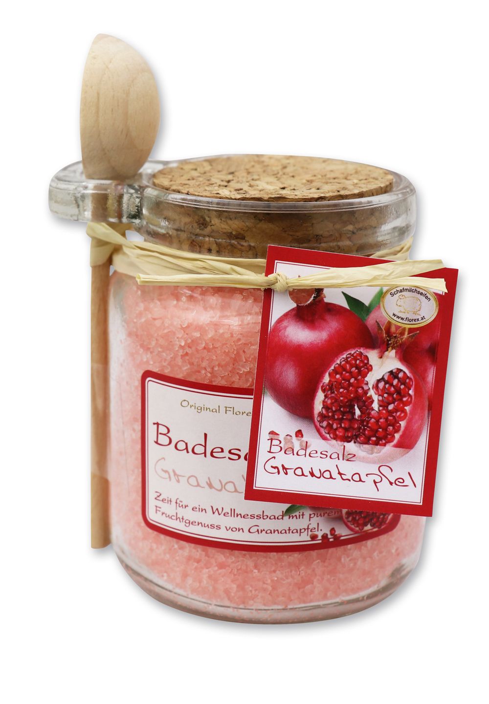 Badesalz Granatapfel mit Bio Schafmilch Glas mit Holzlöffe