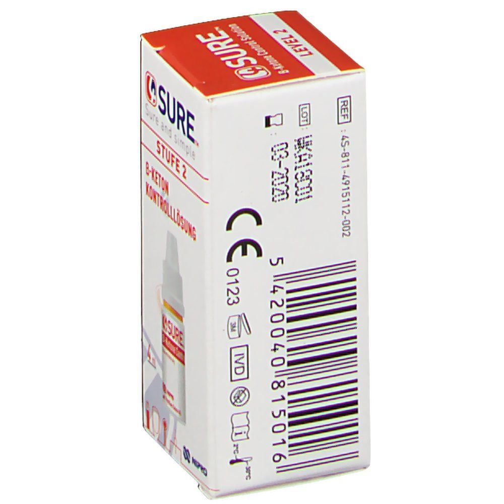 Karton mit Produktflasche. Aufschrift: SURE, Stufe 2, B-Keton Kontrolllösung. Rückseite mit Text und CE-Kennzeichnung.