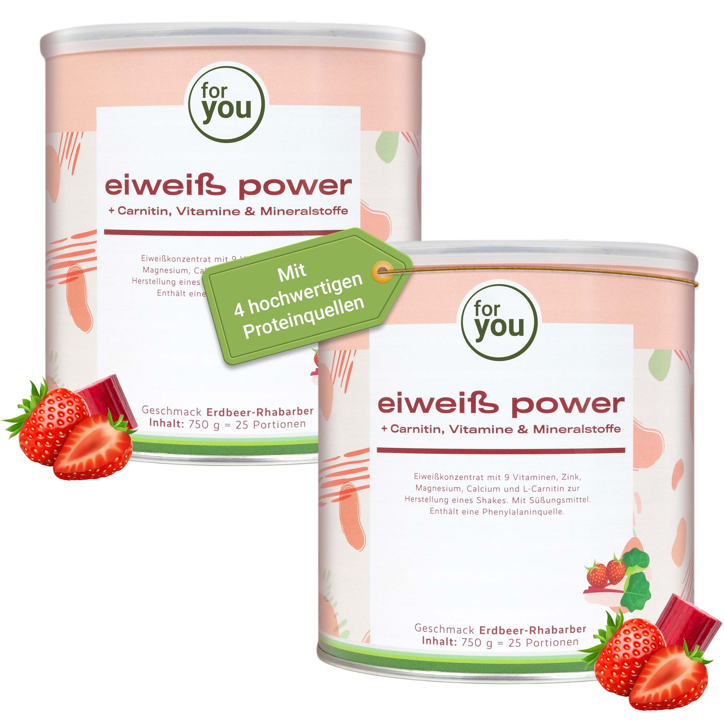 Zwei Dosen "eiweiß power" Erdbeer-Rhabarber Geschmack. Enthält Carnitin, Vitamine & Mineralstoffe. 750g pro Dose.
