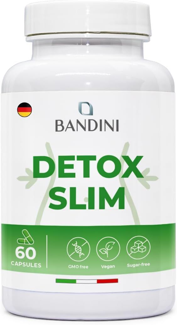 Weiße Flasche mit grüner Aufschrift DETOX SLIM. 60 Kapseln. Symbole: GMO-frei, Vegan, Zuckerfrei. Flagge: Deutschland.