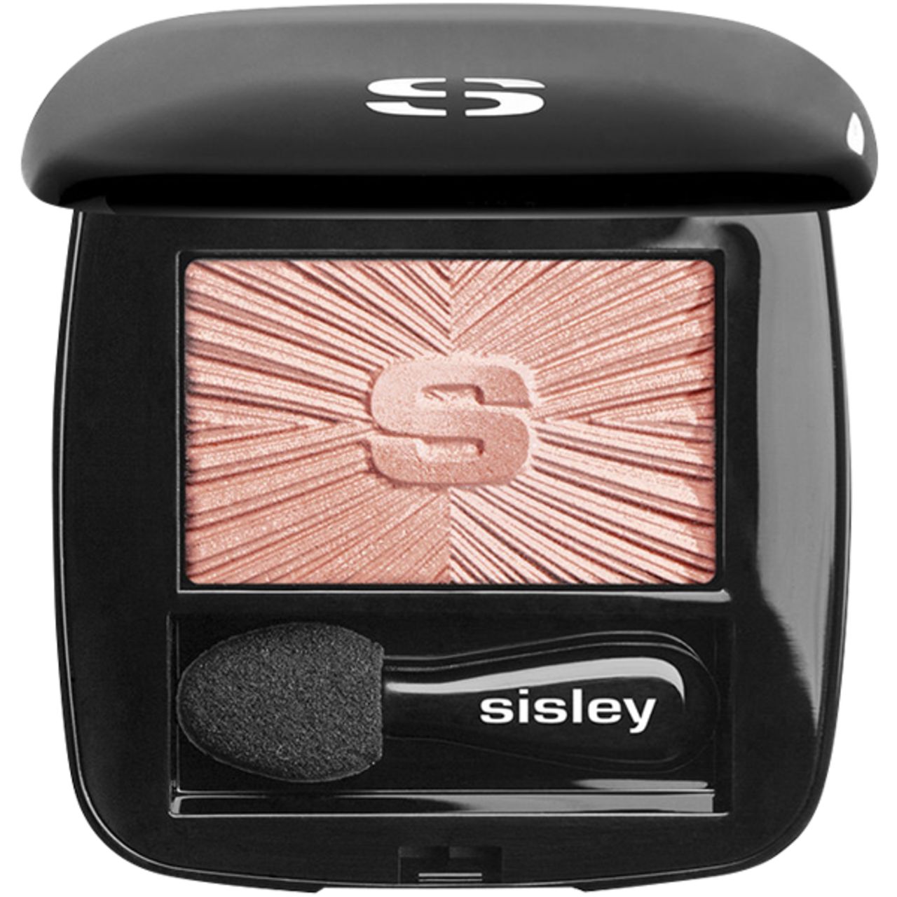 Schwarzer Lidschattenbehälter mit Sisley-Logo. Enthält einen rosafarbenen Lidschatten und einen Applikator mit Sisley-Schriftzug.